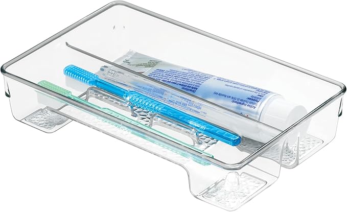mDesign Plastic Toothbrush Holder, Storage Organizer Bin for Bathroom Vanity, Drawer, Cabinet, Closet - Holds Electric Spin Toothbrush, Toothpaste, Dental Floss Picks, Whitening Strips, 2 Pack - Clear