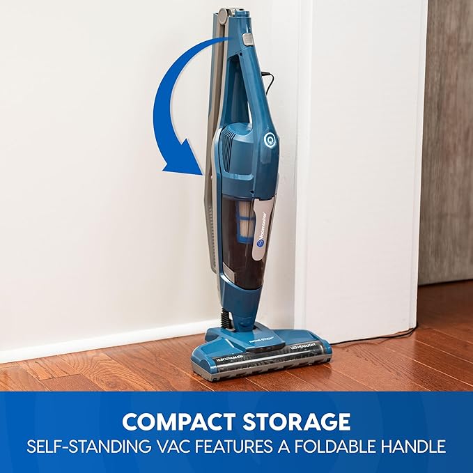 Vacmaster Portable 10.8V 2-in-1 Cordless Stick Lightweight Vacuum Cleaner with 2-Speed Power Control and LED Headlight for Hardwood Floor, Carpet & Pet Hair, Blue