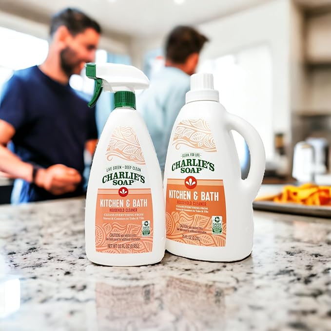 Charlie's Soap Kitchen & Bath Surface Cleaner Refill Kit (107 fl oz) Eco-Friendly Spray & Wipe Multi-Purpose cleaner Safe for Sensitive Skin (2 Pack - One 32oz Sprayer and One 75oz Refill)
