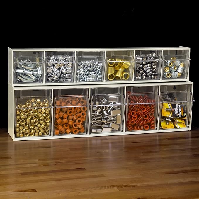 Akro-Mils TiltView Plastic Storage Cabinet with 6 Tilt Out Bins, Horizontal Plastic Parts Organizer, Teacher Toolbox, and Office Supply Organizer, 23-5/8" W x 3-1/2" H x 3-3/4" D, Stone