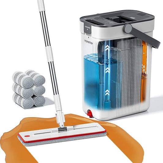 Mop and Bucket Set, 3-Tank Flat Mop and Bucket System for Separate Dirty & Clean Water, 65" Mops for Floor Cleaning with 6 Washable Pads, Safe for Hardwood, Vinyl, Tile, Baseboards, Walls