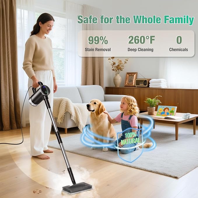 11-in-1 Steam Mop - Detachable Handheld Steam Cleaner with 380mL Tank, 260℉ Floor Steamer for Hardwood, Tile, Grout, Windows, Bath & Kitchen - 3-Level Steam Control, Multi-Purpose Floor Steam Cleaner