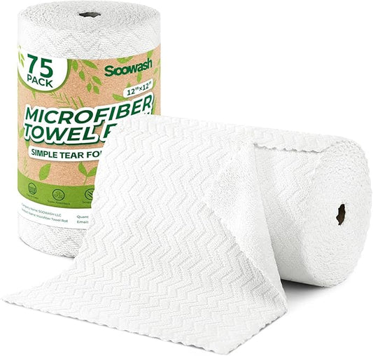 Microfiber Cleaning Cloths Roll, 75 Pack Tear Away Microfiber Towels Roll, 12" x 13" Lint Free Rags, Reusable Cleaning Cloths, Washable, Scratch Free,Ultra Absorbent Dish Rags(White Ripple)