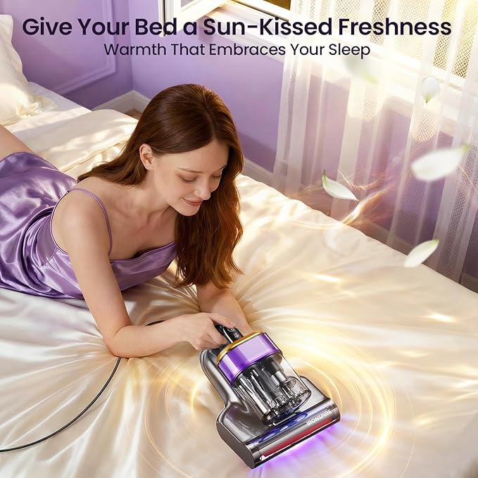 Bed Vacuum Cleaner, Mattress Vacuum with 2 Roller Brushes 253.7nm UV-C Light & Ultrasonic,145°F Heat, HEPA Filter, 18kPa Suction 650W Powerful Handheld Vacuums for Dust & Pet Hair(Corded)