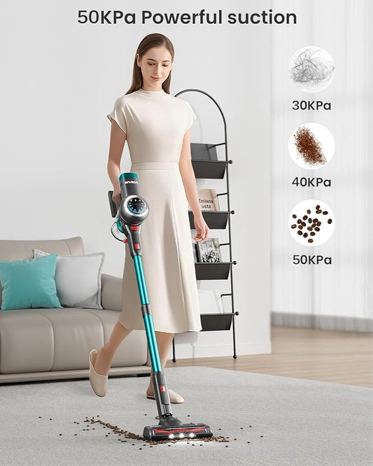 Cordless Vacuum Cleaner, 580W 50KPa Stick Vacuum, Up to 65 Minutes, Self-Standing Cordless Vacuum with OLED Display and Anti-Tangle Brush Roll for Home, Carpets, Hard Floors and Pet Hair