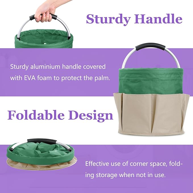 17L Caddy Organizer with Handle, Foldable Cleaning Supplies Caddy with 6 Pockets, 600D Oxford Cloth Tool Bag, Storage Organizer for Camping, Car Tool Storage, Gardening, Khaki with Green