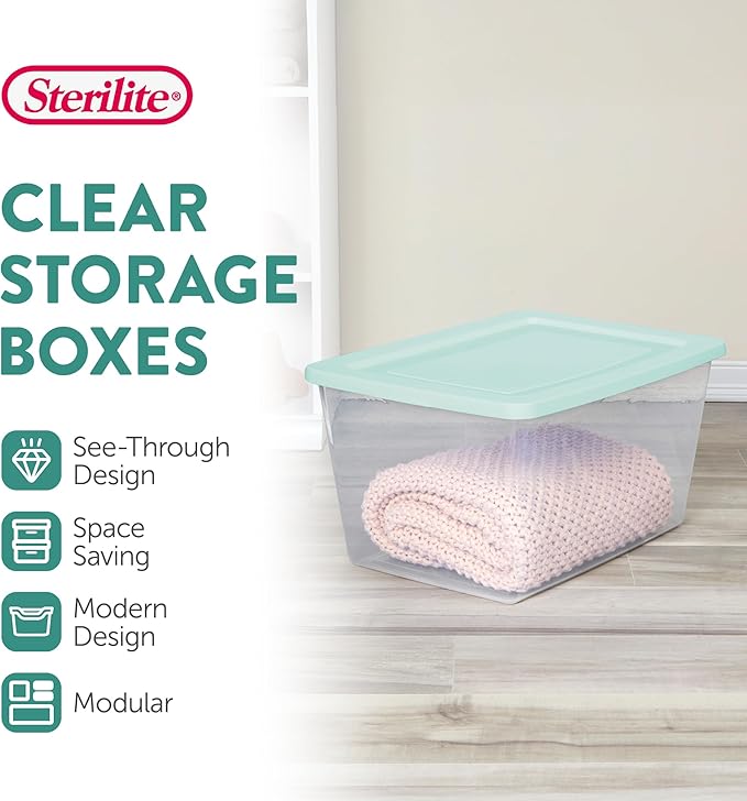 Sterilite 24 Pack Storage Boxes, Clear Plastic Stackable Containers, Lightweight Home Organizers with Snap Lids, 58 Quart, Mindful Mint