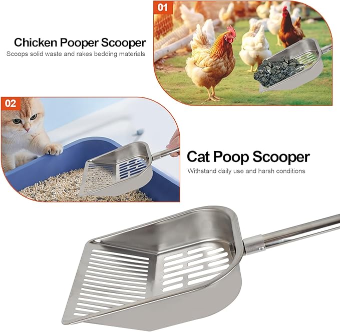 Cat Litter Scoop Metal Mesh, Kitty Scooper for Litter Box Cleaning Speed Sifting, Chicken Poop Scooper for Sand, Litter Sifter Shovel, Dog Coop Pooper Scooper -Stainless Steel Long Handle