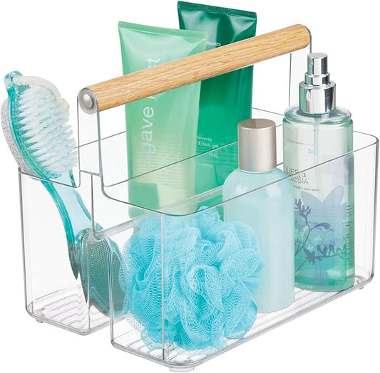 mDesign Plastic Portable Shower Caddy Divided Basket Bin Storage Organizer with Bamboo Handle for Bathroom, Dorm, Shelf & Cabinet Holds Shampoo, Conditioner - Aura Collection, Clear/Natural