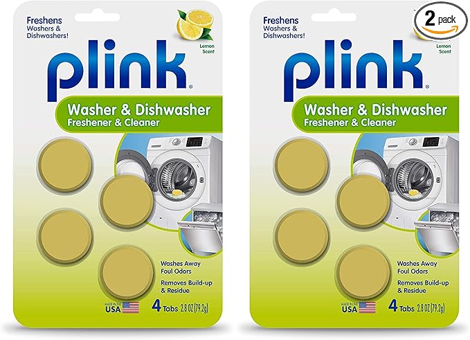 Plink Washer and Dishwasher Freshener and Cleaner, Prevents Residue, Removes Odors in Kitchen and Laundry Room Appliances, Septic-Friendly, Fresh Lemon Scent, 2 Packs of 4 Tablets
