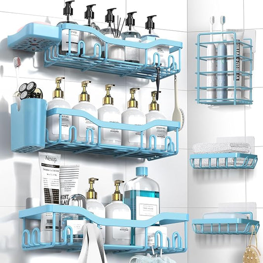 Shower Caddy Adhesive Shower Organizer 8-Pack, Rustproof Stainless Steel Bathroom Shelves, Large Capacity No-Drill Rack Storage Accessories with Soap Dish Toothbrush Holder Hooks