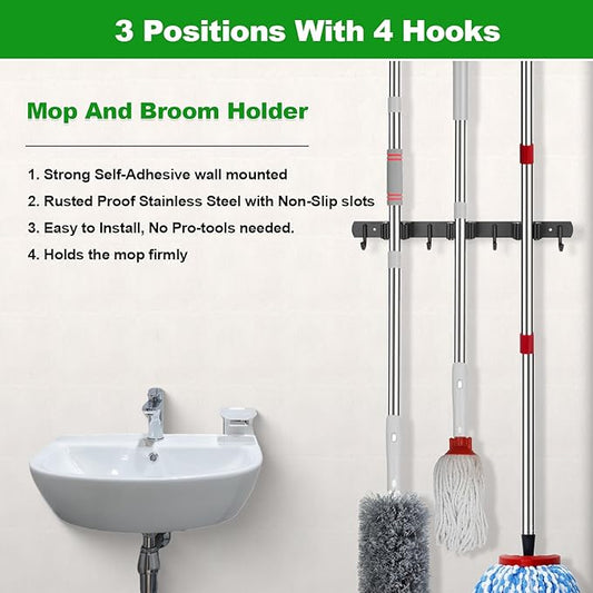 voze 3 Racks and 4 Hooks Mop and Broom Holder Wall Mount, Self Adhesive Heavy Duty Broom Organizer Storage Tool Racks for Kitchen Garden Laundry Garage