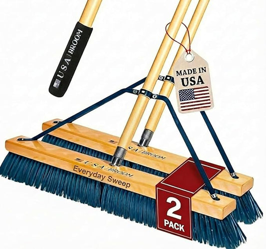 2 Pack Bundle - 24" Everyday Sweep Indoor/Outdoor Push Broom with 60" Handle. Ideal for Garages & Shops. Durable American Made Steel Brackets-All Stainless Steel Hardware. No Plastic. 100% USA Made.