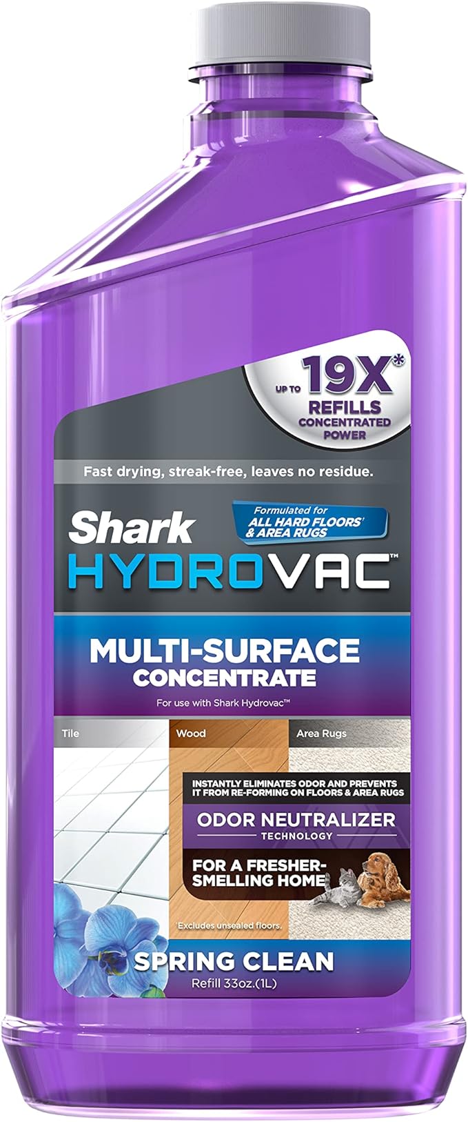 Shark HydroVac Multi-Surface 33-Oz. Concentrate with Odor Neutralizer Technology, Compatible with all HydroVac 3-in-1 Cleaners, for Sealed Hard Floors & Area Rugs, Spring Clean Scent, Purple, WDCM30