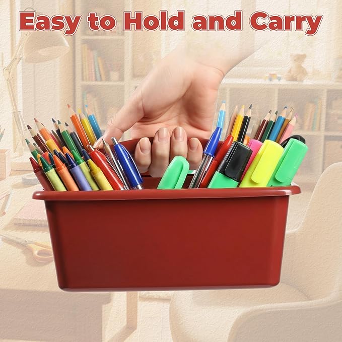 Kathfly 8 Pack Caddy Organizer with Handle, Stackable Organization Storage, Small Plastic Basket Classroom Caddy for Table Desk Office Pencil Kids Room Craft Art Teacher School Supplies (Deep Color)
