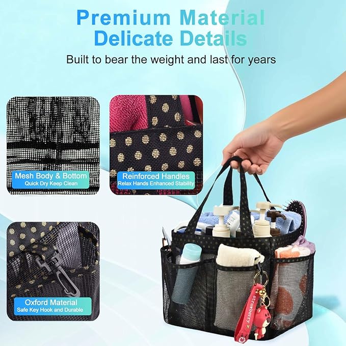 Haundry Mesh Shower Caddy Basket, Large College Dorm Bathroom Caddy Organizer with Key Hook and Oxford Handles, 8 Pockets, Hanging Portable Tote Bag for Camp Gym