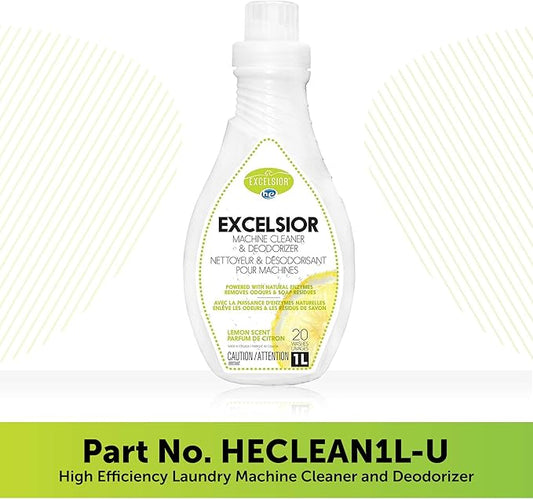Excelsior HE Washing Machine Cleaner and Deodorizer, Removes Odors & Residues for 20 Cleanings of High Efficiency Washers, Lemon Scent, 1 Liter Bottle
