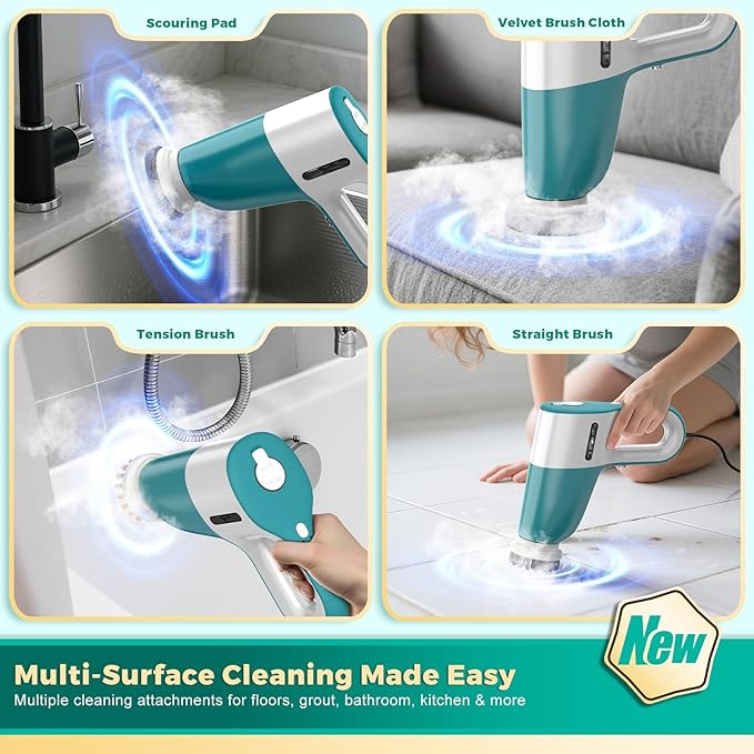 Steam Cleaner with Electric Spin Scrubber, 2-in-1 Pressurized Handheld Steam Cleaner with Detachable Long Handle, Continuous Steam, Chemical-Free Steamer for Cleaning Floor, Tile, Grout, Bathroom&Car