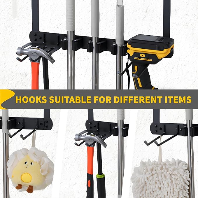 Broom Holder Door Mount,Door Mounted Broom and Mop Holder with Dual Tool Hooks, Three Slots, and One Tool Storage Basket For Laundry Room, Garage, Closet, warehouse, Kitchen Decor (black)