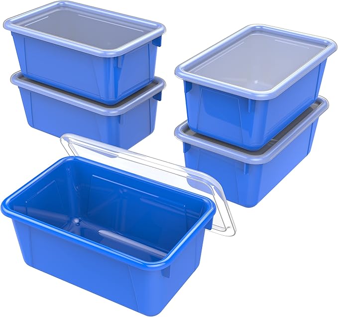 Storex Small Cubby Bins – Plastic Storage Containers for Classroom with Non-Snap Lid, 12.2 x 7.8 x 5.1 inches, Blue,(62408U05C) (Pack of 5)