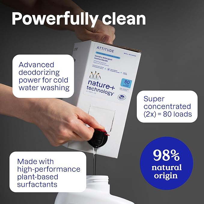 ATTITUDE Liquid Laundry Detergent Refill, EWG Verified, HE Compatible, Plant-Based & Vegan, Natural Laundry Soap, Summer Berries Scent, 80 Loads, 67.6 Fl Oz