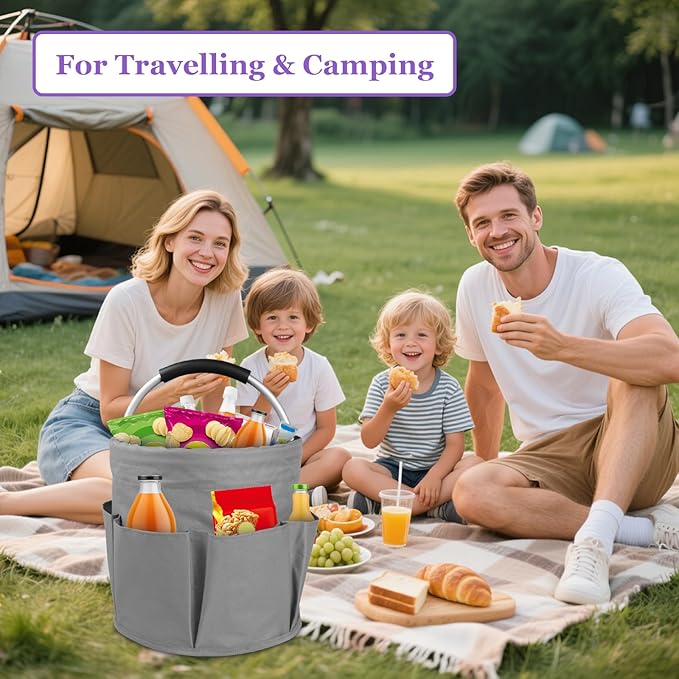 2Pcs Cleaning Caddy with Handle and 6 Pockets, 17L Foldable Cleaning Tote Bag, Portable Shower Caddy in 600D Oxford Fabric, Multifunctional Storage Basket for Camping, Garden, Dark Gray