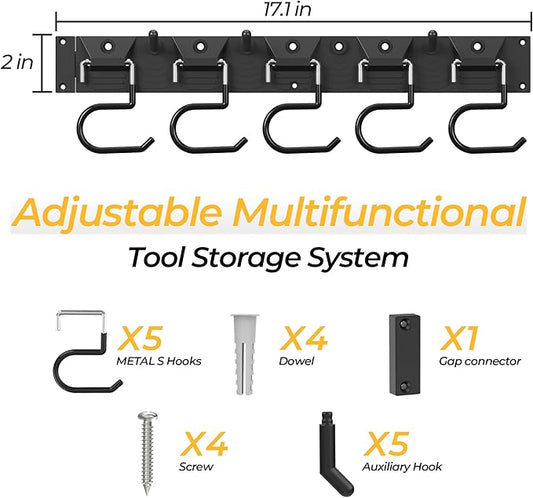51 Inch Garden Tool Organizer Wall Mount with Non Slip Rubber Coated Metal Hooks, Storage Rack for Indoor/Outdoor Shovel, Rake, Mop and Broom Holder Wall Mount （ 15 Hooks+15 Holders