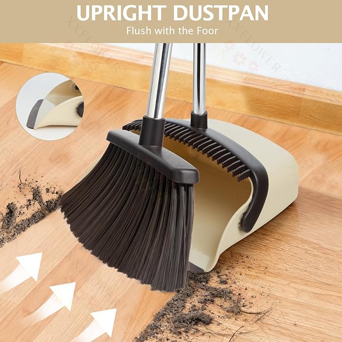 Broom and Dustpan Set with Long Handle, Heavy Dust Broom and Dustpan Combo for Home，Kitchen, Office, Pet Hair(Beige)