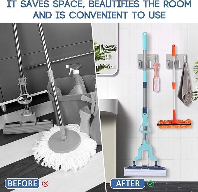 Mop Broom Holder Wall Mount, Stainless Steel, Rust Resistant, Heavy Duty, No Drill,Self-adhesive Broom Holder Wall Mount with Hooks 4Pcs for Bathroom, Kitchen, Garage, Nickel