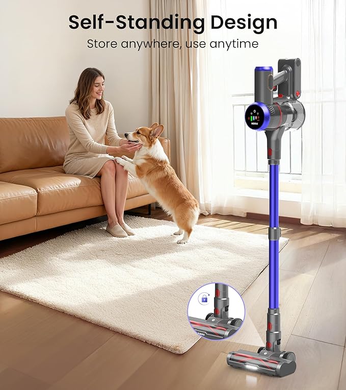 Cordless Vacuum Cleaner, 550W 45kPa 60Mins Vacuum Cleaners for Home with LED Display, Self-Standing Stick Vacuum with Anti-Tangle Brush, Rechargeable Vacuum Cordless for Pet Hair/Carpet/Floor