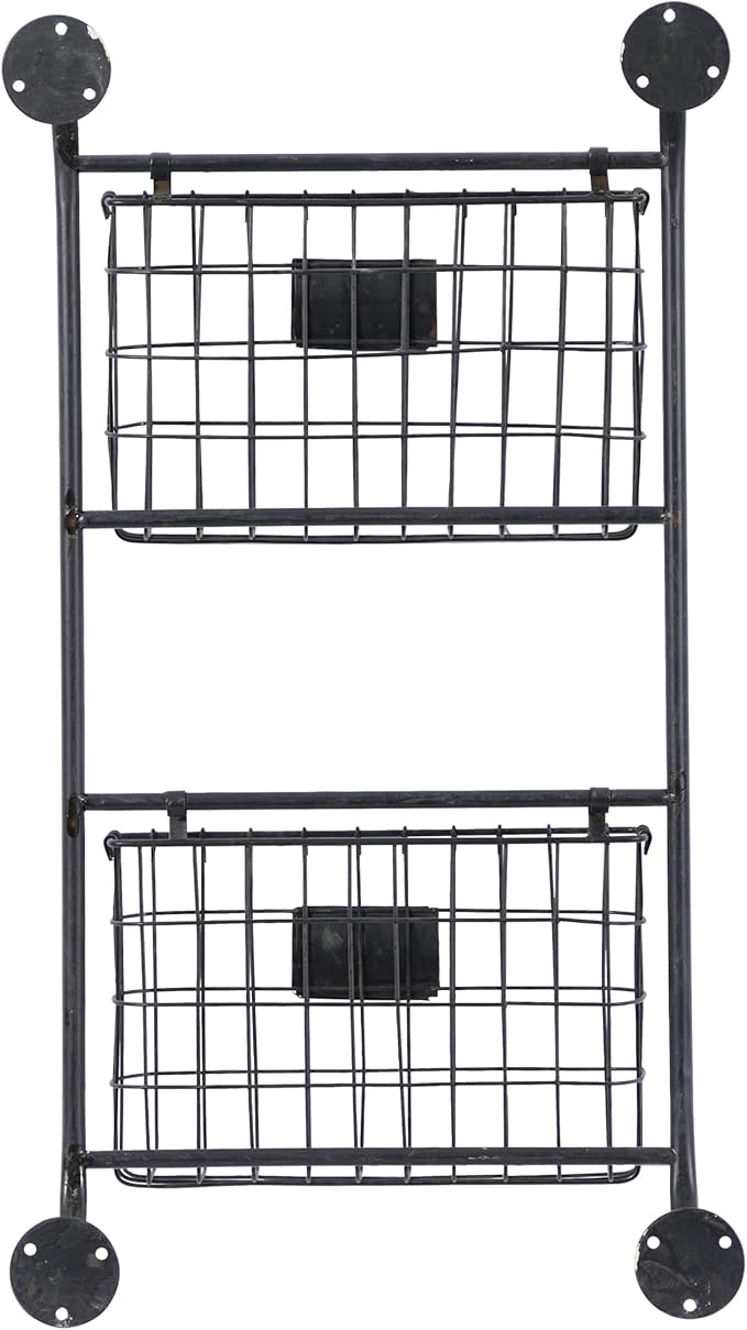 Deco 79 Metal Rectangle Magazine Rack Holder with Suspended Baskets and Label Slot, 16" x 3" x 28", Black