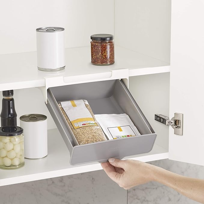 Joseph Joseph CupboardStore Under Shelf Drawer Kitchen Cabinet Storage Organizer, Space Saving, Gray/ White