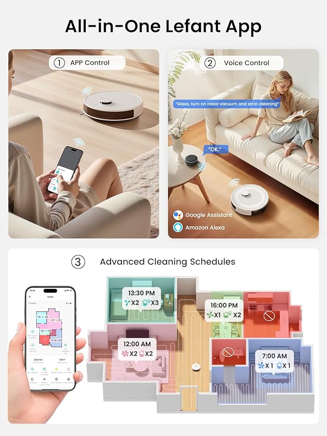 Lefant LiDAR Robot Vacuum and Mop,75-Day Self-Emptying,6000Pa Powerful Suction,Customized Cleaning,Home Mapping, 140 Min Runtime, Roller Brush for Carpet,2.4G/5G WiFi/Alexa/APP/iWatch,M2 Plus