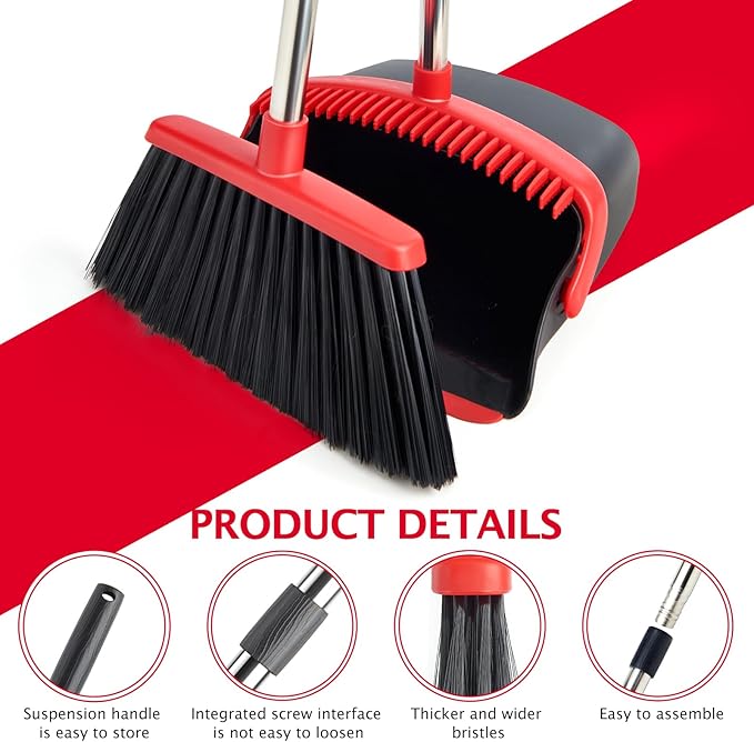 Broom and Dustpan Set with Long Handle, Heavy Dust Broom and Dustpan Combo for Home，Kitchen, Office, Pet Hair 2PCS (Black Red)