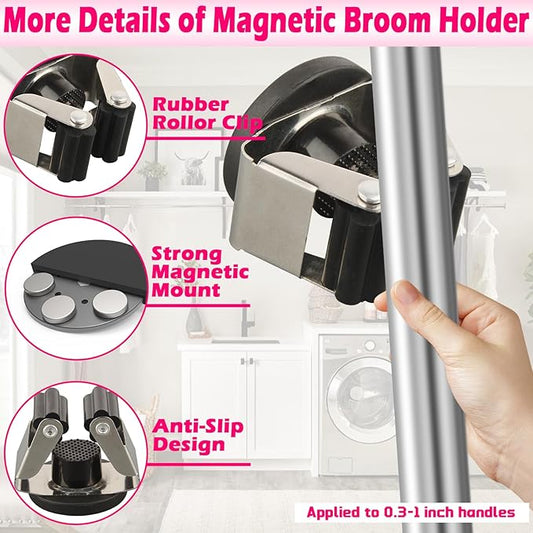 4 Pack Magnetic Mop Broom Holder, Heavy Duty Magnetic Mop Hanger for Refrigerators, Magnetic Mount Mop Broom Holder for Laundry Room Garage Kitchen Workshops Metal Shed