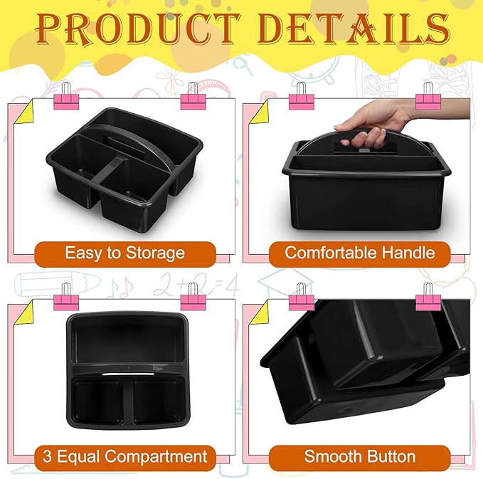 Geelin 24 Pack Classroom Caddy Bulk, Black Plastic Caddy Organizer with Handle 3-compartment Stackable Portable Storage Bins for School Office Supplies