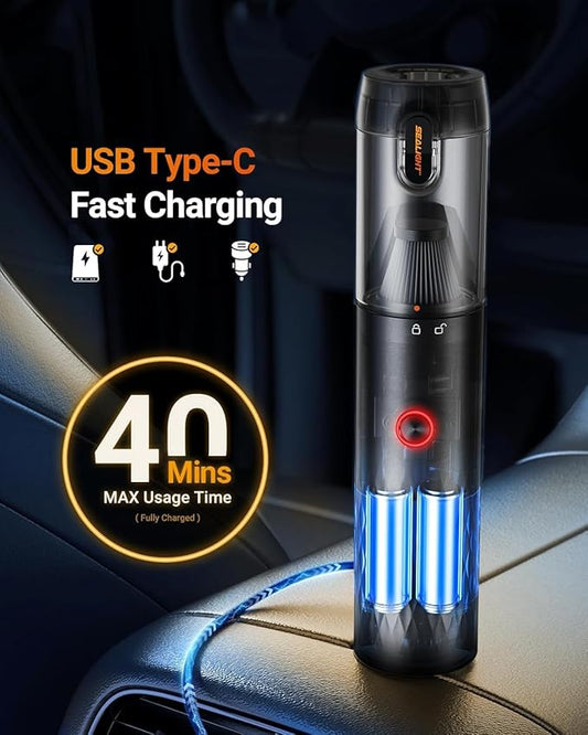 SEALIGHT Car Vacuum Portable Cordless, Handheld Cordless with High Power, Type-C Charging, 2 Suction Modes, Up to 40 Mins Runtime, Small Mini Vacuum for Car, Pet, Home (VS01)