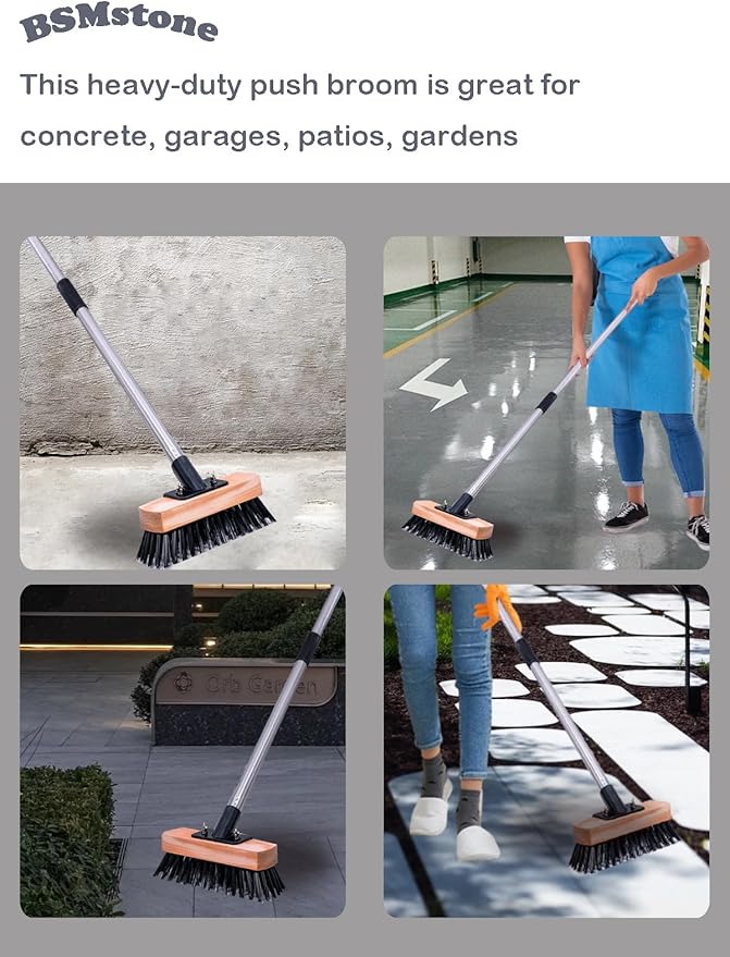 Heavy Duty Push Broom Stiff Bristle Broom Brush with Solid Wood Broom Head Indoor Outdoor Floor Scrubber Brushes for Bathroom Bathtub Tile Floor Patio Swimming Pool