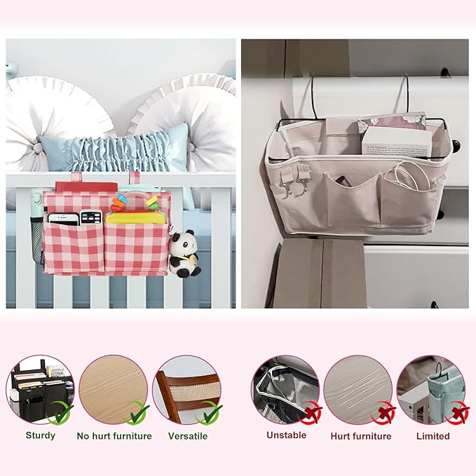 Surblue Bedside Caddy Hanging Bed Organizer Storage Bag Pocket for Bunk and Hospital Beds, College Dorm Rooms Baby Bed Rails, Camp 4 Pockets and 2 Hooks (Small,Red Plaid)