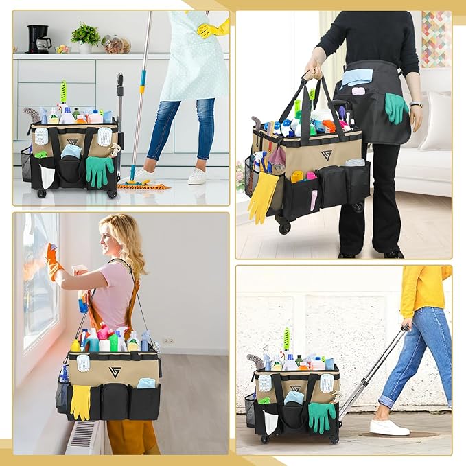 Professional Cleaning Kit - Durable Cleaning Caddy Bag with Black Apron and Trolley, Water-Resistant Organizer for Cleaning Supplies, PVC Polyester Cleaning Bag for Housekeepers - (Brown)