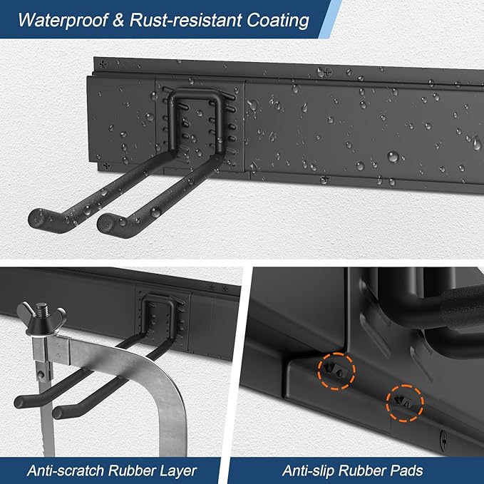 Housolution Heavy Duty Garage Wall Organizer 96 Inch - 20Pack Carries 720 lbs, Garage Tool Storage System, 6 Rails with 12 Adjustable Metal Hooks, Garden Yard Shed Rack for Rake Broom Mop Snowboard