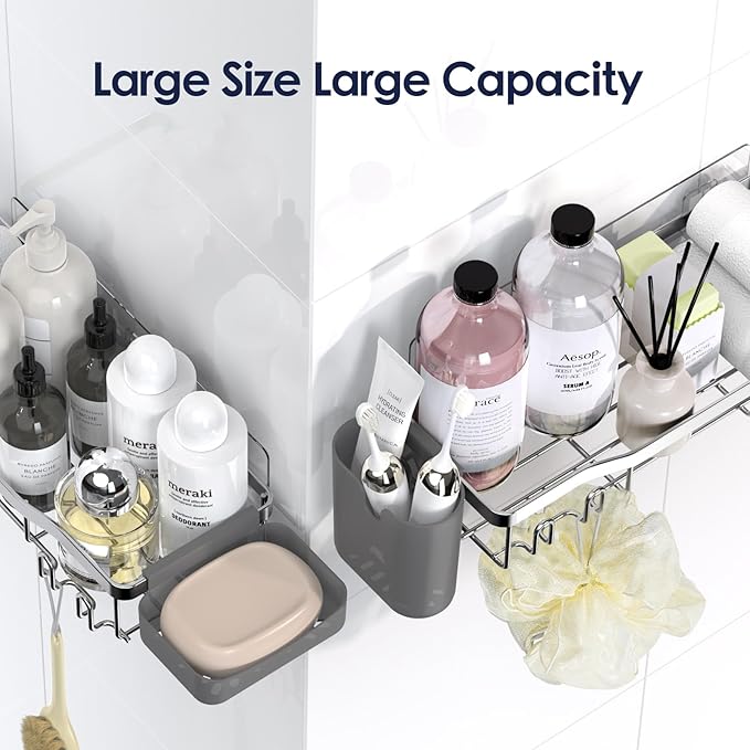 Shower Caddy Adhesive Shower Organizer 8-Pack, Rustproof Stainless Steel Bathroom Shelves, Large Capacity No-Drill Rack Storage Accessories with Soap Dish Toothbrush Holder Hooks