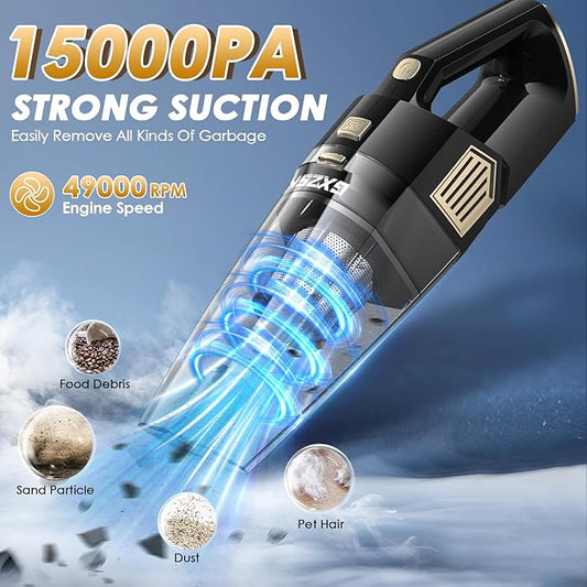 Handheld Vacuum Cordless, 15000PA Strong Suction Hand Held Car Vacuum Cleaner Rechargeable, Portable Hand Vacuum with Multi-Nozzles & Washable Filter for Home Office, Car, Pets