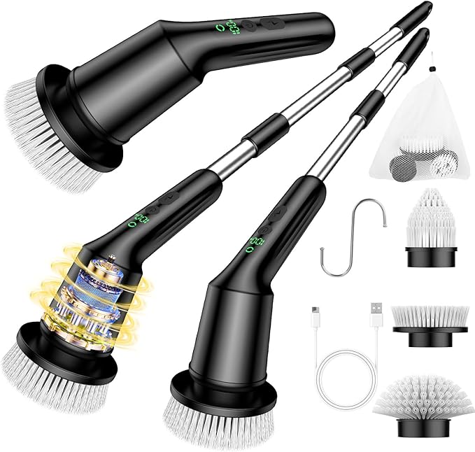 Electric Spin Scrubber for Cleaning Bathroom, Shower Scrubber Cordless Cleaning Brush with IPX7 Waterproof & 2 Speed, 3 Brush Heads, Bathroom Cleaning Supplies for Toilet Shower Tub Black