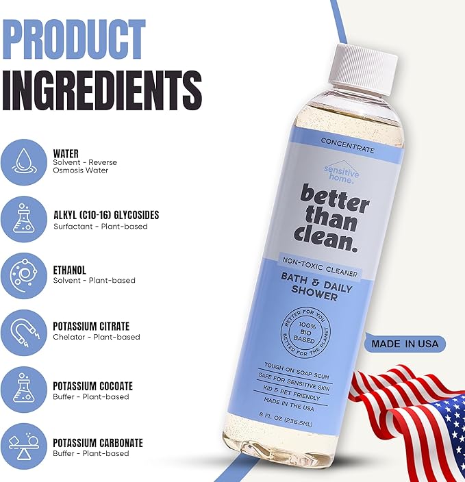 Bath & Daily Natural Shower Cleaner Concentrate - Plant-Based, Fragrance Free Cleaning Products - Hard Water Stain and Soap Scum Remover for Tub & Tile - 8oz Makes 4 Bottles