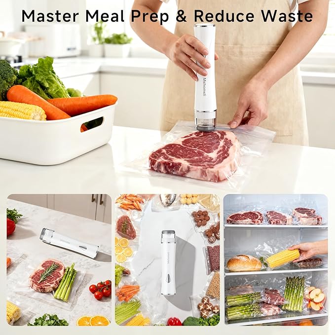Compact Vacuum Sealer for Food (Vacuum Sealer Machine + 10 Reusable Vacuum Bags), Powerful Handheld Vacuum Sealer Machine, Seal Food 6X Fresh Longer, Portable & Wireless, Easy-Clean