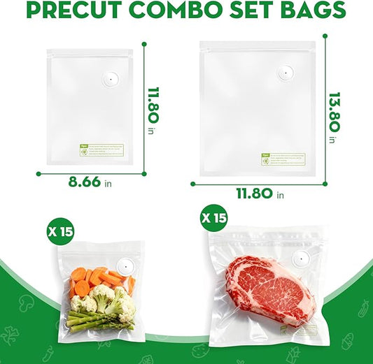 Reusable Vacuum Sealer Bags for Food, 30 Small (8.7 x 11.8 in, 11.8 x 13.8 in) Food Storage Bags, Freezer, Microwave, Odor-Resistant, Leak-Proof, Fit with Compact Vacuum Sealers
