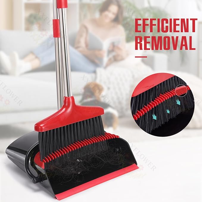 Broom and Dustpan Set with Long Handle, Light Weight Stainless Steel Poles Stand Upright Dustpans with Broom Combo for Home Kitchen Office Pet Dog Hair, Black & Red Color, 1-Pack