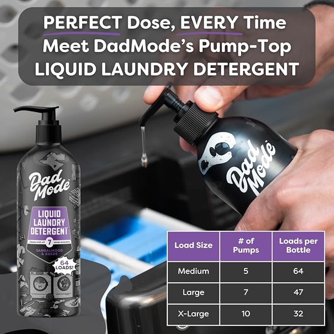 DadMode 7-Enzyme Liquid Laundry Detergent | 64 Loads | Sandalwood & Suede | 8x Concentrated Probiotic Odor & Stain Cleaner | High-Efficiency, 95% Plant-Based | Dye-Free | 16oz Aluminum Bottle