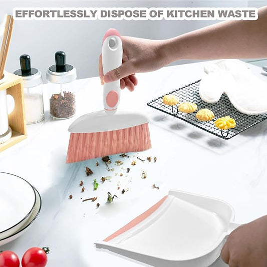 Mini Broom and Dustpan Set Small Broom with Dustpan Combo Set Portable Cleaning Tools for Home Office RV Learning Camping (White+Pink)